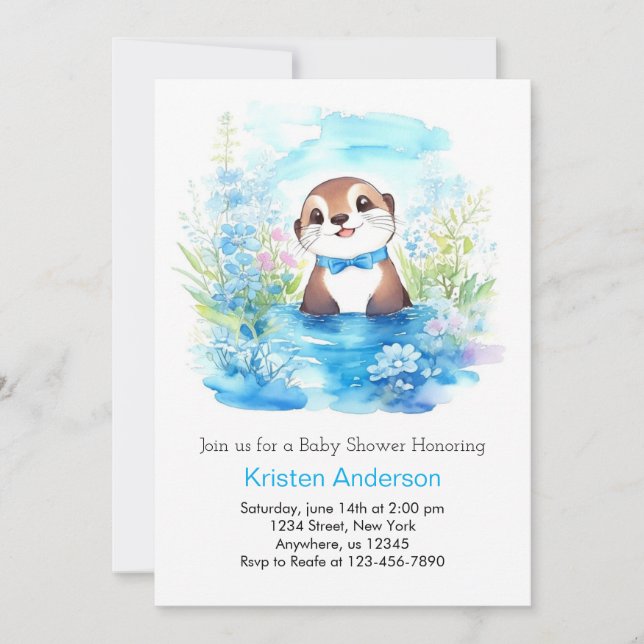 Whimsical Otter's Blue Floral Boy Baby Shower Invitation (Front)