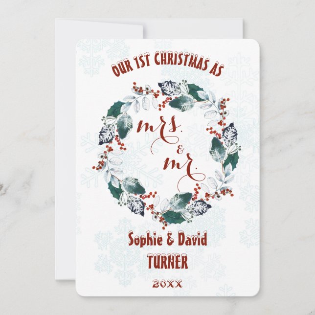 Whimsical Our First Christmas Winter Wreath Holiday Card (Front)
