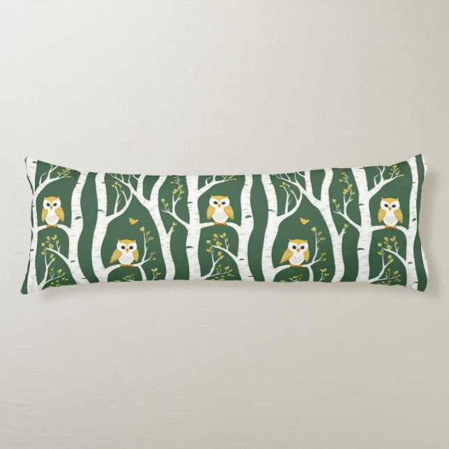 Whimsical Owl and Birch Tree Pattern Body Pillow (Front)