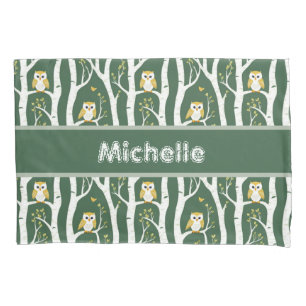 Whimsical Owl and Birch Tree Pattern Pillowcase