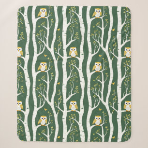 Whimsical Owl and Birch Tree Pattern Sherpa Blanket