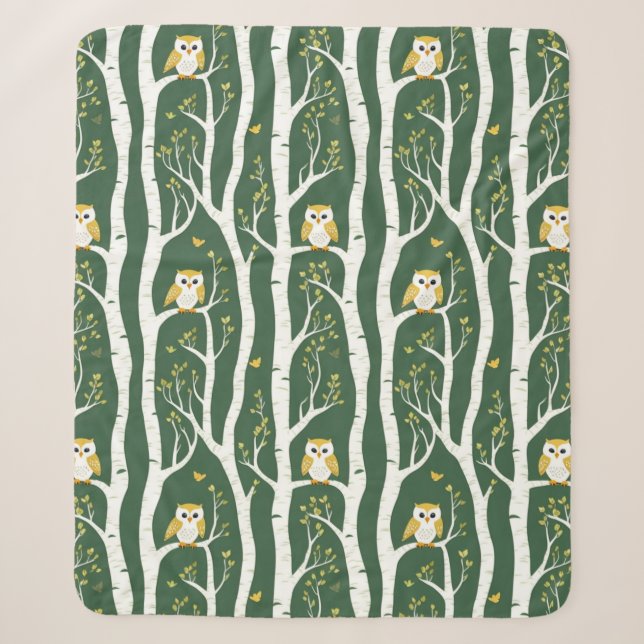Whimsical Owl and Birch Tree Pattern Sherpa Blanket (Front)