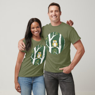 Whimsical Owl and Birch Tree Pattern T-Shirt
