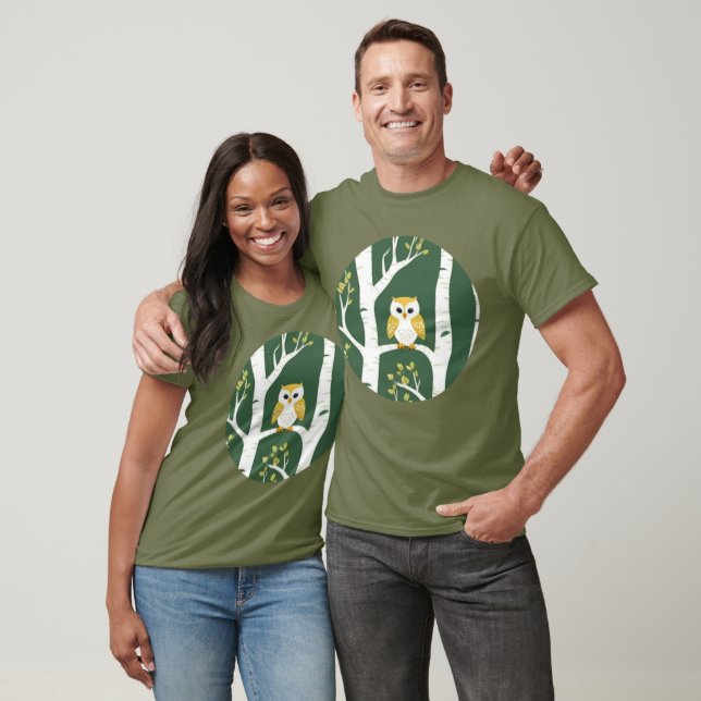 Whimsical Owl and Birch Tree Pattern T-Shirt (Unisex)