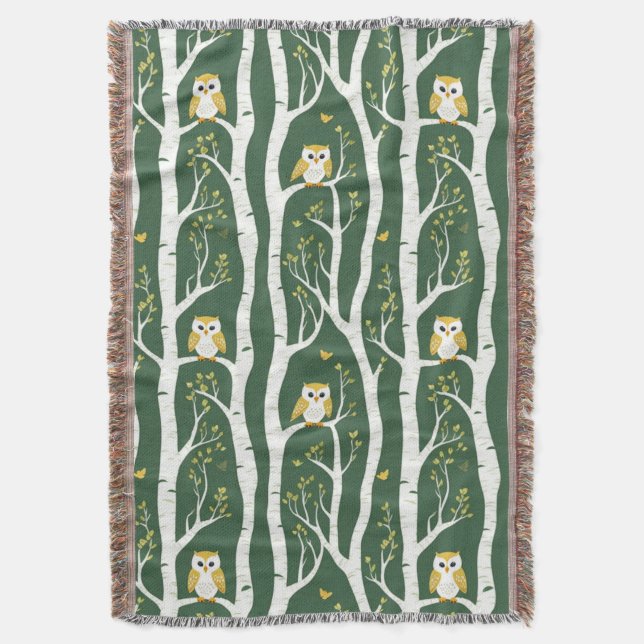 Whimsical Owl and Birch Tree Pattern Throw Blanket (Front Vertical)