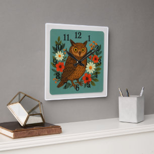 Whimsical Owl and Flowers Square Wall Clock