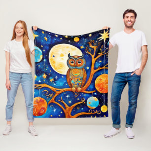 Whimsical Owl Celestials: Stars, Moon, Planets Fleece Blanket