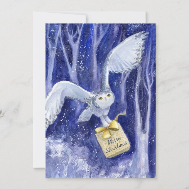 Whimsical Owl Christmas blue-violet watercolor (Front)