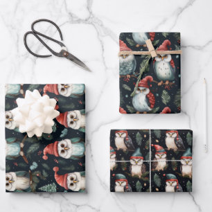 Whimsical Owl Christmas Hat Pattern Wrapping Paper Sheet