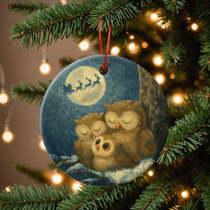 Whimsical Owl Family Christmas Eve Baby Owlet Ceramic Ornament