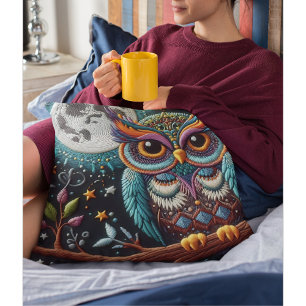 Whimsical Owl Faux Embroidery Throw Pillow
