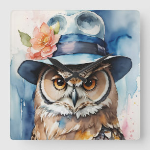 Whimsical Owl in Fedora Hat Square Wall Clock