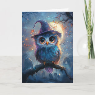 Whimsical Owl in Witch Hat with Full Moon Card