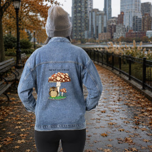 Whimsical Owl Mushroom Rain Shower Blue Denim Jacket