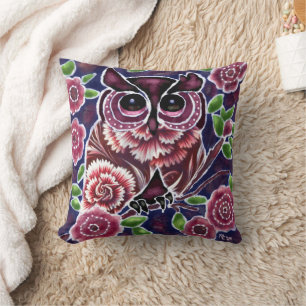 Whimsical Owl on Flowering Branch Pink Blue Throw Pillow
