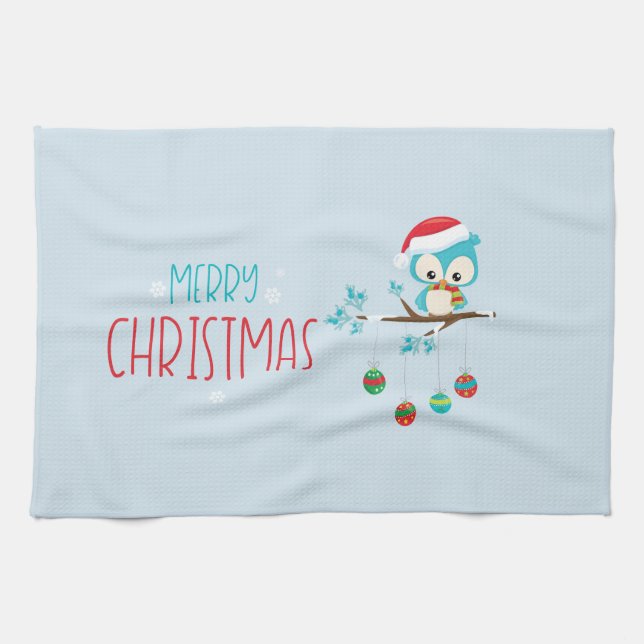 Whimsical Owl Ornaments Branch Kitchen Towel (Horizontal)