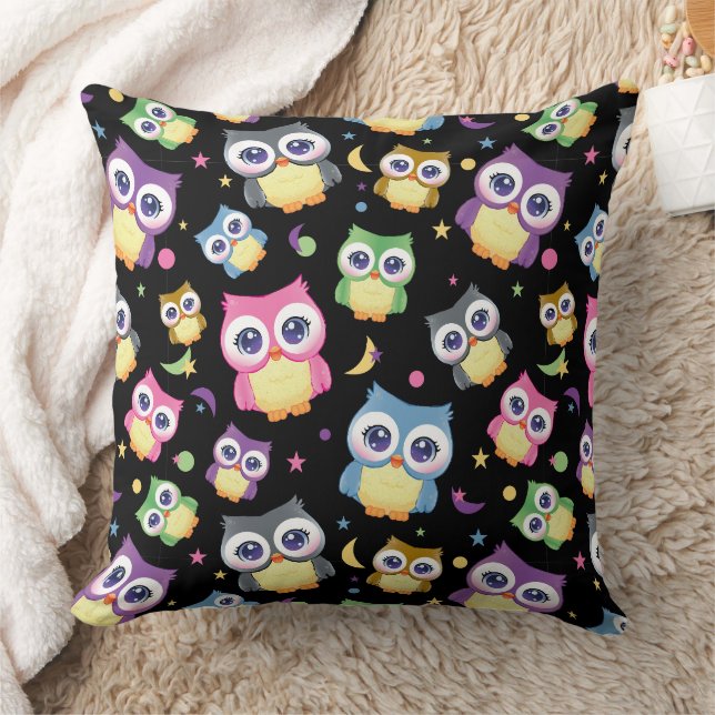 Whimsical Owl Pattern on Black Home Decor  Throw Pillow (Blanket)