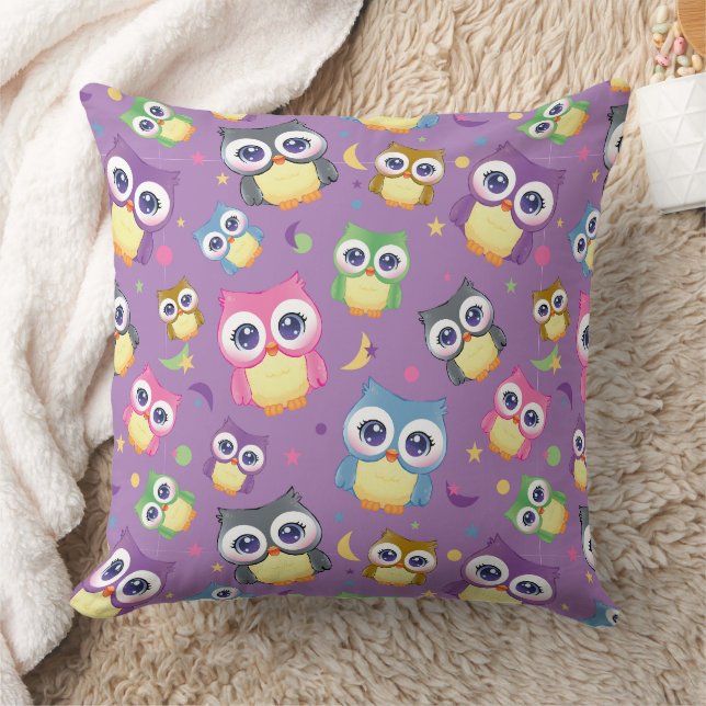 Whimsical Owl Pattern on Purple Home Decor  Throw Pillow (Blanket)