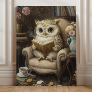 Whimsical Owl Reading Book Lover Art Canvas Print