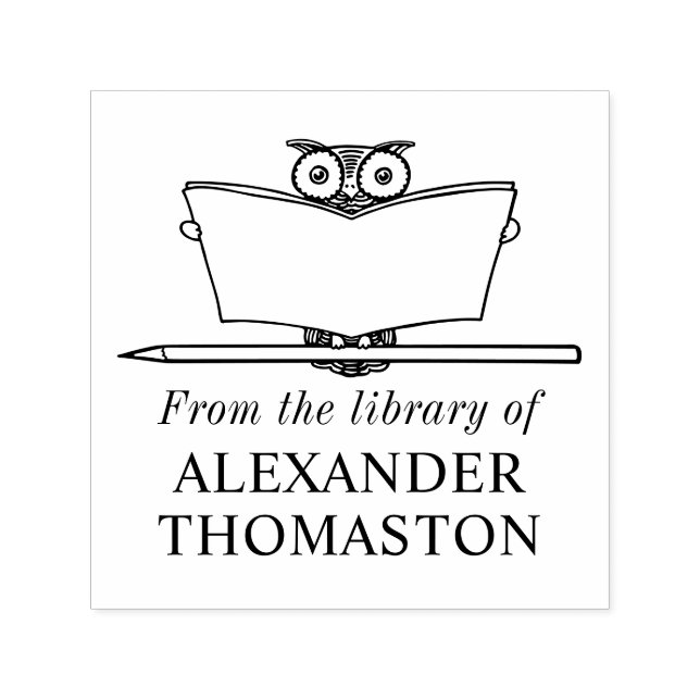 Whimsical Owl Reading Large Book Library Name Self-inking Stamp (Design)