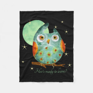 Whimsical Owl Watercolor Style Name School On Back Fleece Blanket