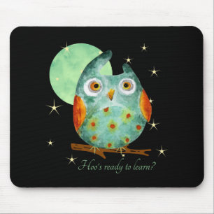 Whimsical Owl Watercolor Style Name School On Back Mouse Pad