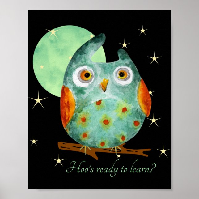 Whimsical Owl Watercolor Style Name School On Back Poster (Front)