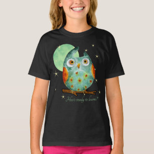 Whimsical Owl Watercolor Style Name School on Back T-Shirt