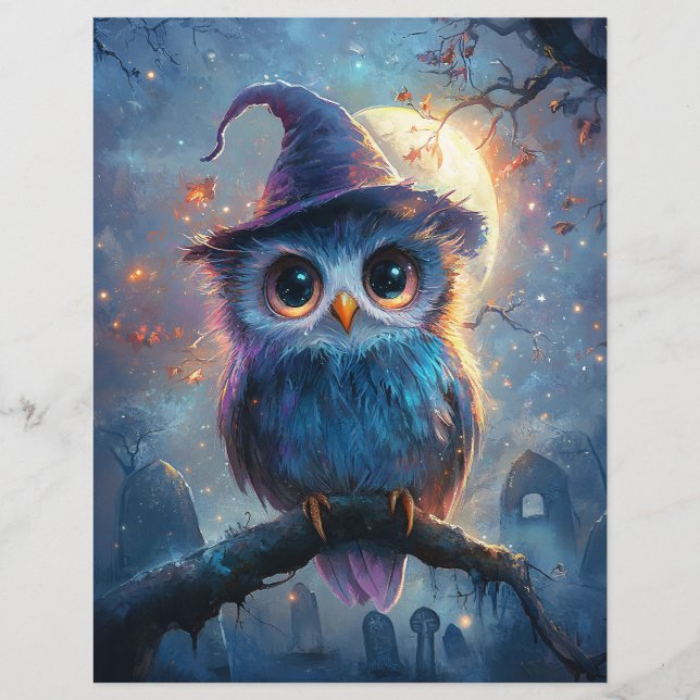 Whimsical Owl Witch Hat Full Moon Scrapbook Paper (Front)