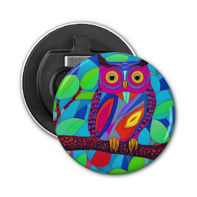 Whimsical Owl with Colourful Feathers Bottle Opener (Front)