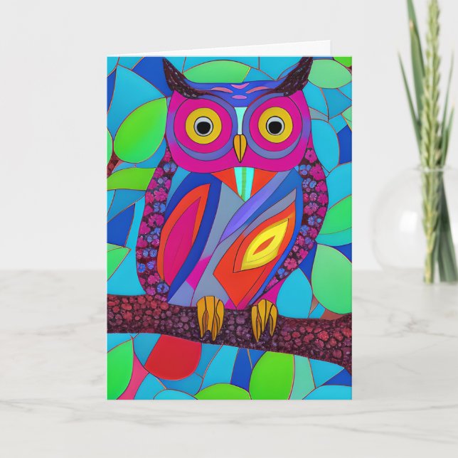 Whimsical Owl with Colourful Feathers Card (Front)
