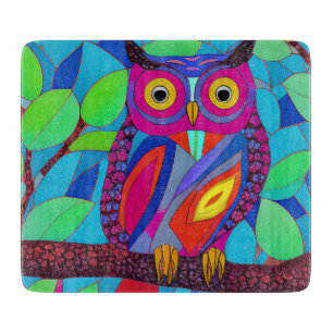 Whimsical Owl with Colourful Feathers Cutting Board