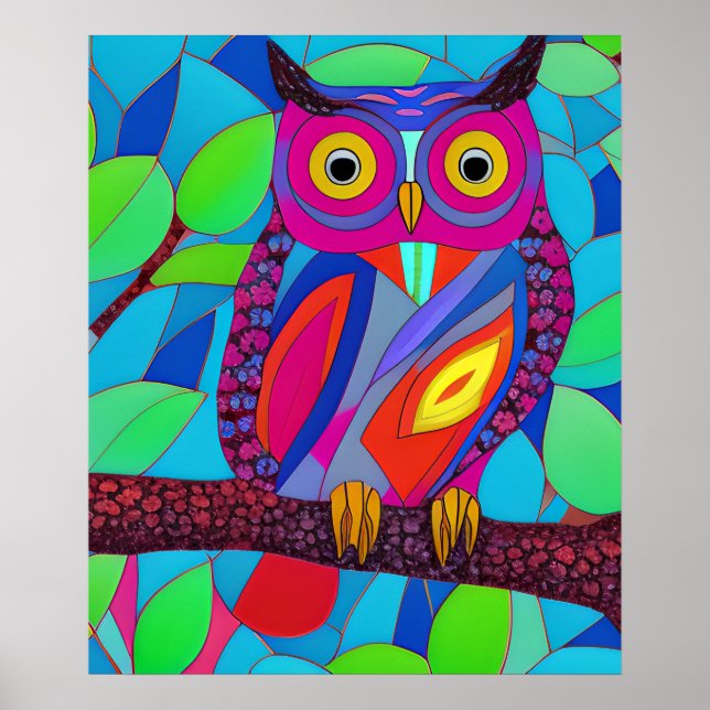 Whimsical Owl with Colourful Feathers Poster (Front)