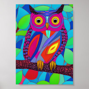 Whimsical Owl with Colourful Feathers Poster