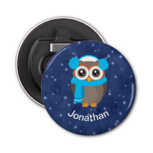Whimsical Owl with Earmuffs on Snowy Blue Bottle Opener