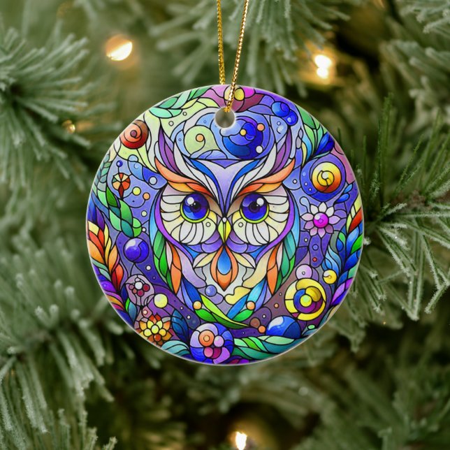 Whimsical Owl With Sapphire Eyes Ceramic Ornament (Tree)
