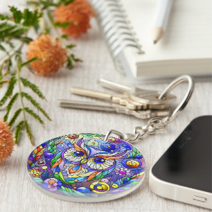 Whimsical Owl With Sapphire Eyes Keychain