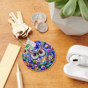 Whimsical Owl With Sapphire Eyes Keychain