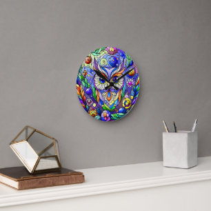 Whimsical Owl With Sapphire Eyes Round Clock