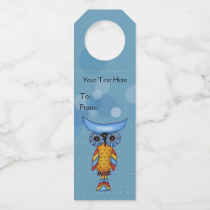 Whimsical Owl Yellow Body Colourful Feathers Circl Bottle Tag