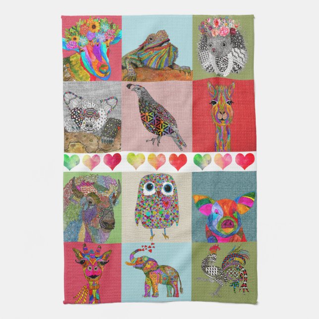 Whimsical Painted Animal Assortment Kitchen Towels (Vertical)
