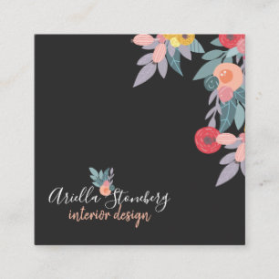 Whimsical Painted Bloom   Floral On Black Square Business Card