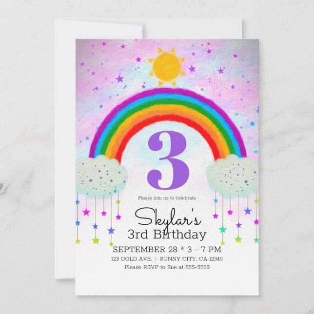Whimsical Painted Rainbow & Stars Birthday Party Invitation (Front)