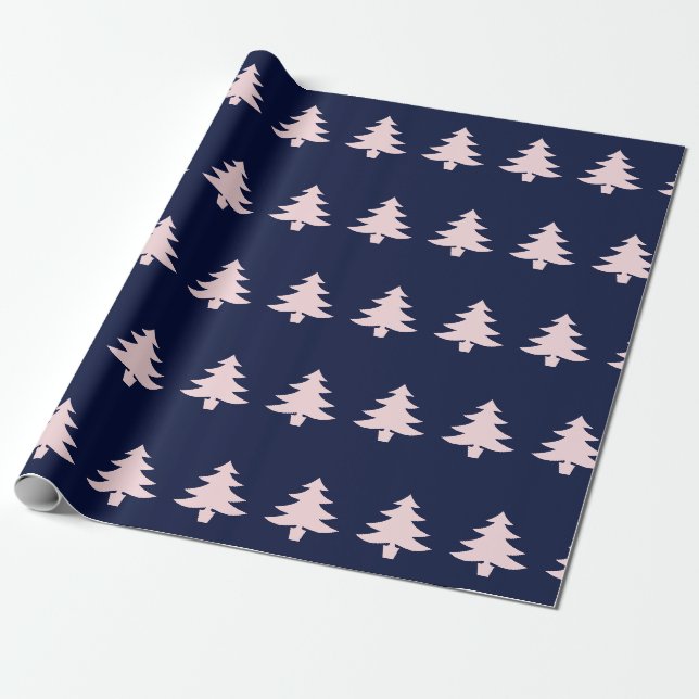 Whimsical Pale Pink Christmas Trees on Dark Blue Wrapping Paper (Unrolled)