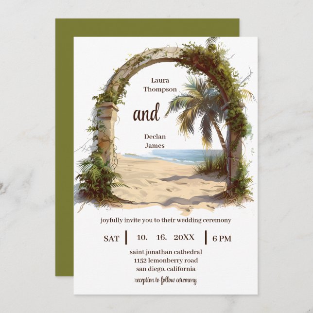 Whimsical Palm Tree Tropical Boho Beach Wedding Invitation (Front/Back)