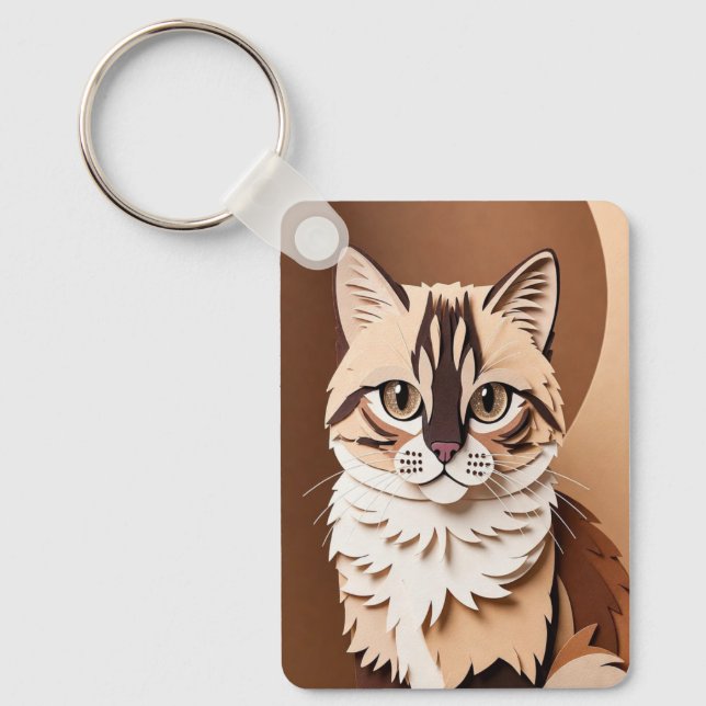 Whimsical Paper-Cut Cat Portrait Keychain (Front)