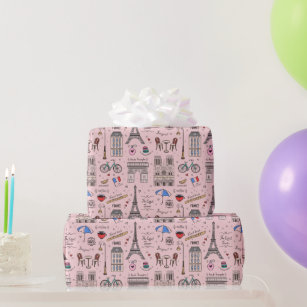 Whimsical Paris Doodles Pink Wrapping Paper