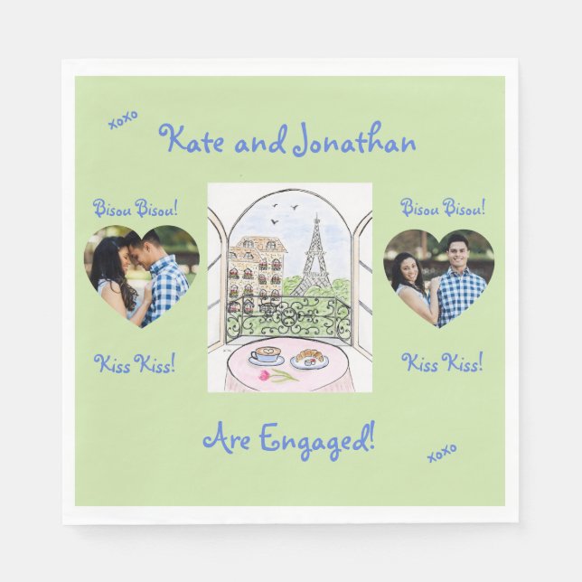 Whimsical Paris Eiffel Tower Bisou Kiss PHOTO Napkin (Front)