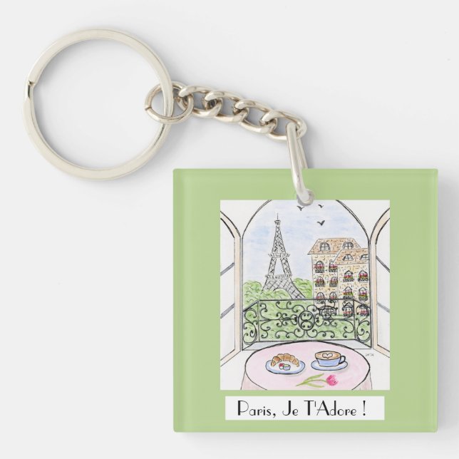 Whimsical Paris Eiffel Tower I Adore You! Keychain (Front)