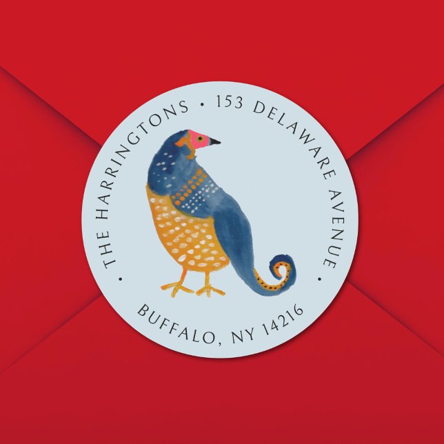 Whimsical Partridge Colourful Return Address Classic Round Sticker (This festive Christmas address label features a blue and gold partridge on an ice blue background.)